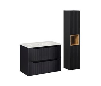 Conjunto de muebles con lavabo individual encastrado 80cm 2 cajones y columna riva negro y madera
