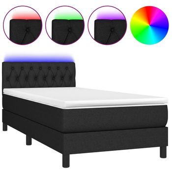 Cama Para Adulto | Cama Individual | Cama Box Spring Colchón Y Luces Led Tela Negro 100x200 Cm