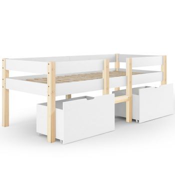 Cama Infantil Con Cajón Y Protector Antideslizante, Madera De Pino Macizo 90x190 Cm, Blanco & Roble, Diseño Escandinavo, Estructura Estable, Altura Media, 2 Cajones De Almacenamiento, 120 Kg De Capacidad Máxima