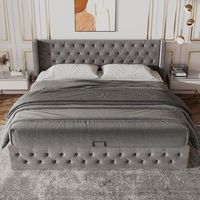cama contenedor con almacenaje - 140 x 200 cm - terciopelo - somier de laminas - estilo escandinavo - color gris
