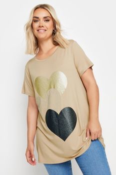 Yours Camiseta Amplia Beige De Corazones Con Brillo, Mujer Curvy Y Tallas Grandes, Yours