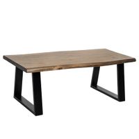 mesa de centro con tapa de madera y patas de metal