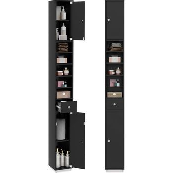 Armario Alto De Baño, Armario Delgado De Baño Alto Con 2 Puertas Costway 20 X 20 X 180 Cm Negro
