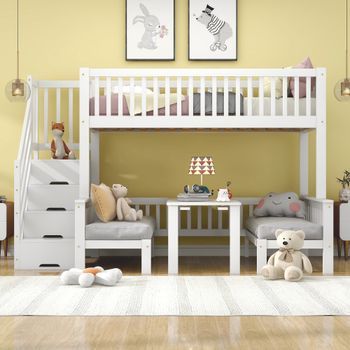 Cama Superpuesta 90x200/120x200 Blanca, Escritorio Ajustable Altura, Escalera Almacenamiento, Barrera Seguridad, Pino/mdf