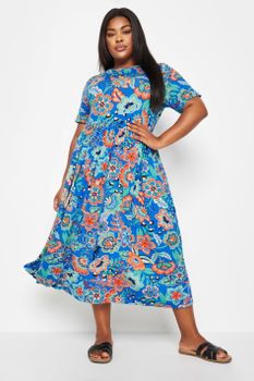 Yours Vestido Midi Azul De Flores, Mujer Curvy Y Tallas Grandes, Yours