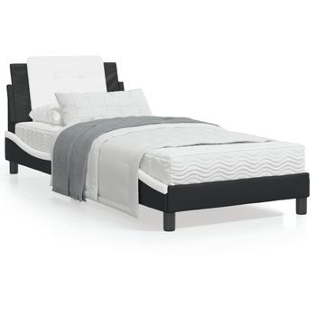 Cama Individual | Cama Para Adultos | Cama Con Colchón Cuero Sintético Negro Y Blanco 90x200 Cm Cfw89222