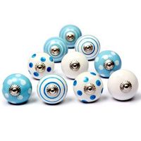 juego de 10 pomos tiradores de ceramica diseno puntos y lineas en azul y blanco decoracion de muebles y armarios para habitacion infantil nacnic