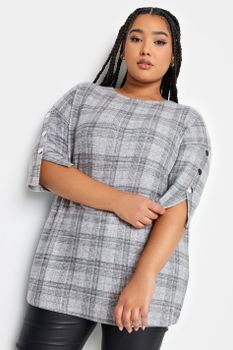 Yours Top Suave De Cuadros Grises Con Botones De Adorno, Mujer Curvy Y Tallas Grandes, Yours