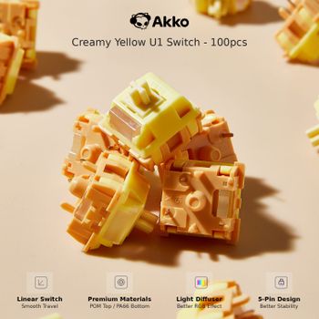 Interruptores Lineales Akko Creamy Yellow U1 45g±8g, Lubricados de Fábrica, Suaves, de 5 Pines, Intercambiables en Caliente, Accesorios para Teclado Mecánico