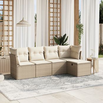 Conjunto De Sofás Jardín Con Cojines 5 Uds | Mueble Jardin Mesa Y Sillas Ratán Sintético Beige Cfw929402