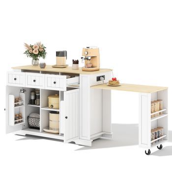 Isla De Cocina Móvil Con Mesa Extensible, Enchufes Integrados Y Estantes Ajustables, 138x55x93 Cm, Madera Mdf, Blanco