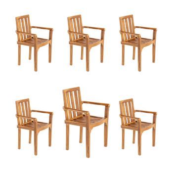 Pack 6 Sillones Para Terraza Apilables, Madera Teca Grado A, Medidas 61x50x88 Cm, Tratamiento Al Agua Aplicado, Sillas De Teka Para Comedor, Silla De Terraza