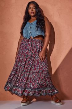 Yours Falda Larga De Flores Granates, Mujer Curvy Y Tallas Grandes, Yours