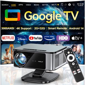 Proyector HORLAT Google TV 2026, 3000ANSI Lúmenes, Full HD 1080P, Enfoque Automático, WiFi 6, Compatible con 3D 4K, Cine en Casa Inteligente, Proyector Dolby