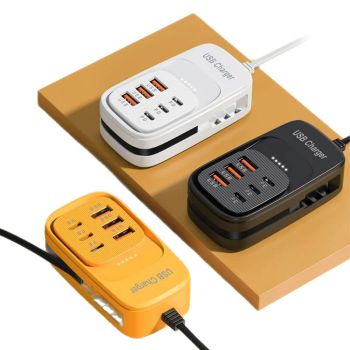 Regleta USB 6 en 1 con cable Type-C, 3 USB-A + 3 USB-C, carga rápida, adaptador de alimentación para teléfono, cargador