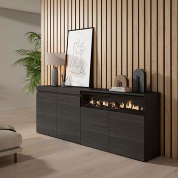 Aparador efecto madera negro 200x35x75cm chimenea efecto fuego