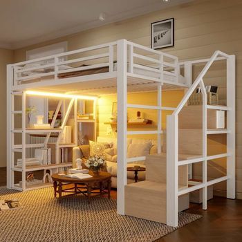 Cama Loft 140x200 Cm, Marco De Metal, Escaleras Integradas, Luz Led, Estante, Barandilla, Almacenamiento, Blanco – Sin Colchón