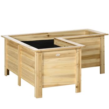 Outsunny Jardinera Elevada de Madera Macetero Exterior en Forma de L con Tela no Tejido Huerto Urbano 120x120x50 cm Natural