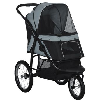 PawHut Carrito para Perros Medianos Pequeños con Cesta de Almacenaje Capota Ajustable y Ventana de Malla 111x58x107 cm Gris