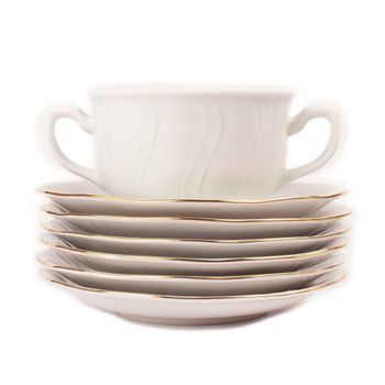 Juego De Boles (24 Piezas) Consomé De Porcelana Blanca  Lubeck, 12 Boles Consomé Con Asas (35 Cl), 12 Platillos Para Tazas, Con Filo De Oro