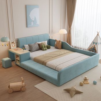 Cama Doble Tapizada Para Niños Con Escritorio Y Taburete, Almacenamiento Integrado, Cabecero De Terciopelo Azul, Somier De Lamas, 140x200cm