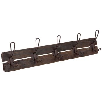 Percha de pared de madera y metal con 5 ganchos marrón 66x6x13.5h cm