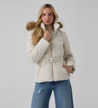 Guess para mujer. W6BL58W4197 Chaqueta acolchada corta con cinturón beige (S), Casual, Poliéster