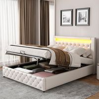 cama contenedor con cabecero - 160 x 200 cm - cuero pu y led - somier de laminas - estilo contemporaneo - blanco