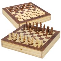 juego 2 en 1 ajedrez y damas de madera con cajon 30x30x55 cm marron y blanco