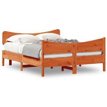 Cama Matrimonial | Cama Para Adultos | Estructura Cama Con Cabecero Madera Pino Marrón Cera 140x200 Cm