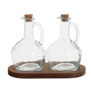 Set de 2 aceiteras de vidrio (con soporte de madera de acacia