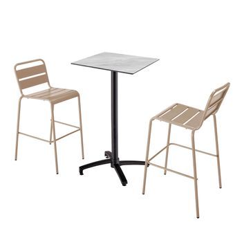 Juego De Mesa Alta En Laminado Mármol Y 2 Sillas Altas Color Topo, Opéra - Oviala