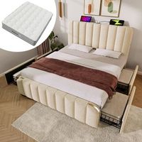 cama doble tapizada con cabecera acolchada usb tipo-c 4 cajones de almacenamiento en lino beige 160x200 cm con colchon