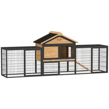 PawHut Jaula de Conejos de 2 Niveles con Techo a Dos Aguas Fabricada en Madera Maciza Resistente al Invierno con Corral 217x53x86 cm