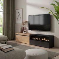 mueble tv efecto madera roble y negro 200x35x45 chimenea efecto fuego
