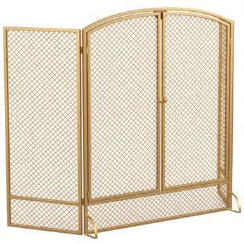 HOMCOM Salvachispas para Chimenea Plegable de 3 Paneles de Metal con Doble Puerta para Hogar 122x75 cm Dorado