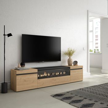 Mueble tv efecto madera roble y negro 200x35x45 chimenea efecto fuego