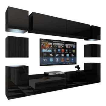 Conjunto De Muebles De Salón Colgantes Negros Colección Cepto Xiv. 256cm, 10 Muebles, 10 Puertas, Leds.