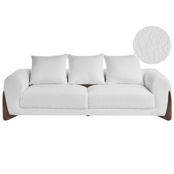 Sofá De 3 Plazas Tapizado De Bouclé Con Reposabrazos Patas De Madera Sala De Estar Moderno Blanco Vinliden