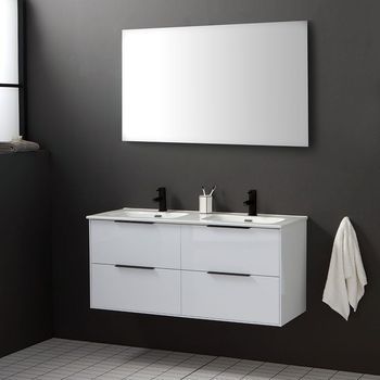 Mueble De Baño Suspendido De 120 Cm Blanco Brillante Con Manija Negro Mate | París