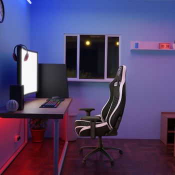 Silla gaming tela, cuero sintético negro/blanco