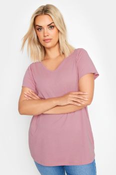 Yours Camiseta Lisa De Pico En Tono Rosa, Mujer Curvy Y Tallas Grandes, Yours