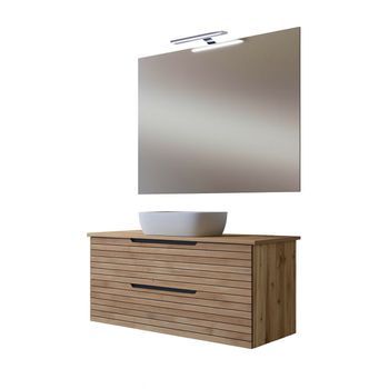 Kibath Mueble De Baño Con Lavabo, Espejo Y Aplique Led Ken 100x45 Cm Sobre Encimera Acabado Desierto Mate 2 Cajones Suspendido