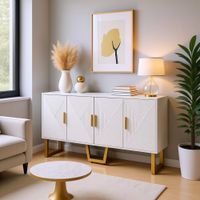 mueble de bano blanco y dorado con 4 puertas