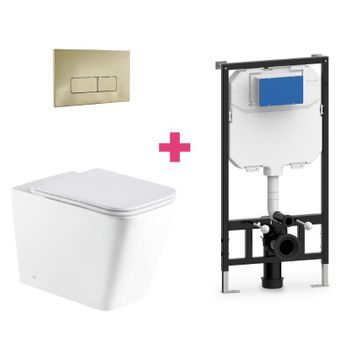 Pack Inodoro Suspendido Cerámica Pisa Con Cisterna Y Pulsador Dorado Rectangular