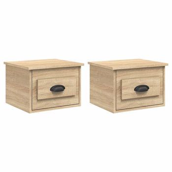 Pack 2 Uds Mesita De Noche | Mesa Auxiliar | Mesilla De Pared Color Roble Sonoma 41,5x36x28 Cm