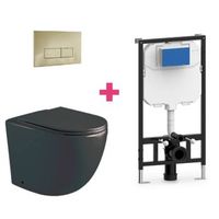pack inodoro suspendido ceramica genova negro mate con cisterna y pulsador dorado rectangular
