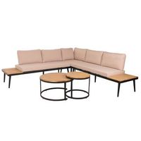 mobiliario de jardin con dos mesas auxiliares en madera de acacia marron claro y cojin beige 040008304