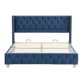 Cama Para Adultos Acolchada De Terciopelo 160x200cm Con Somier Azul