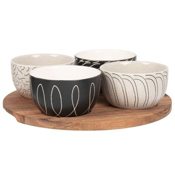 Set de 4 cuencos para aperitivos de cerámica negro/beige y plato de acacia